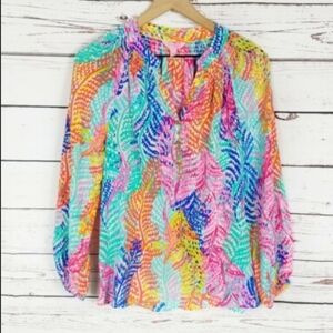 Lilly Pulitzer Electric Feels Silk Pop Over Balloon Sleeve Tropical Top Sz Small